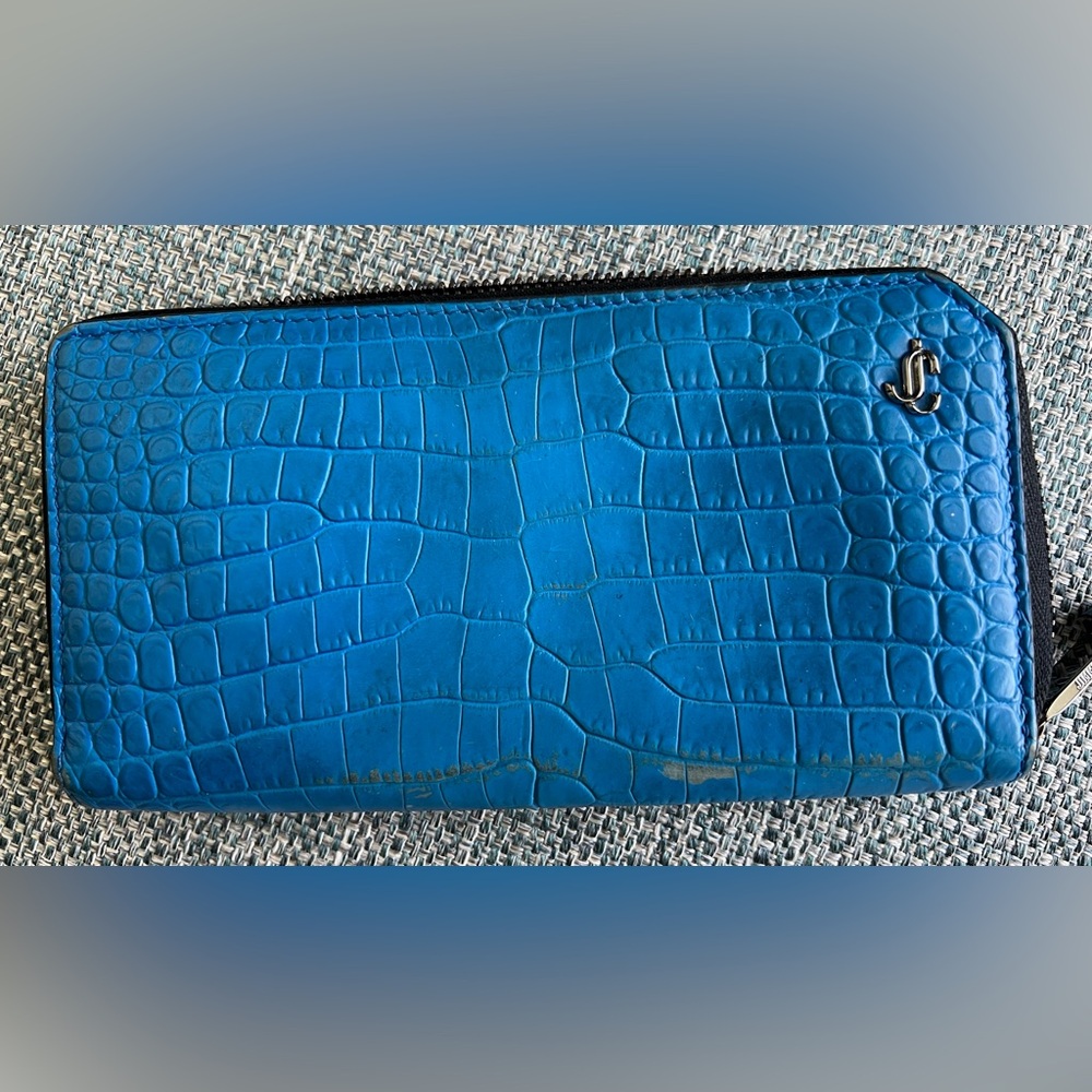 Jimmy Choo Blue Crocodile Leather Full Zip Wallet